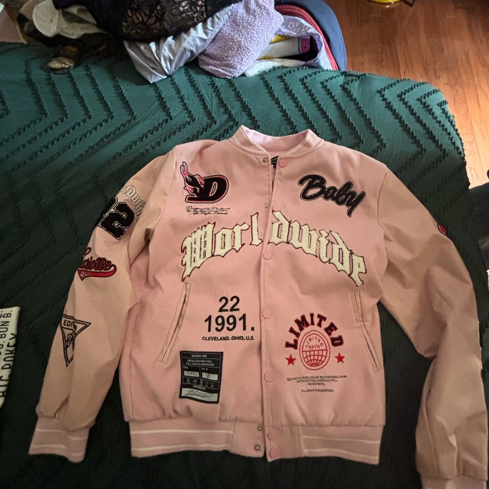 Pink Bomber Jacket with Graphic Patches